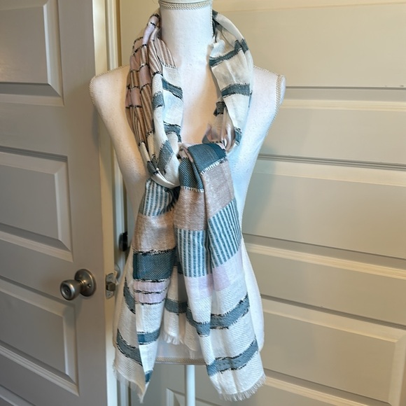 J.Jill Cream Scarf Teal Lavender Stripes India NWT - Picture 6 of 6